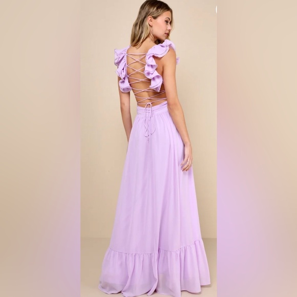 Lulu’s Soiree Celebration Ruffled Lace-Up Maxi Dress - Picture 2 of 4